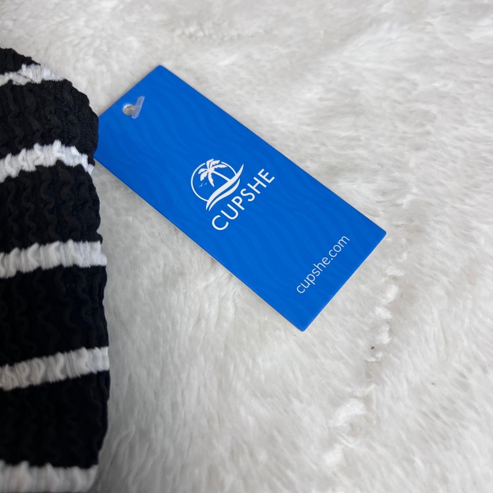 Cupshe Black White Striped Smocked Bikini Set High Waisted V-Notch Small NEW - Picture 11 of 15